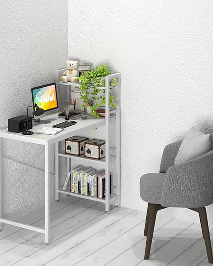 4NM 35" Small Computer Desk with 4-Tier Bookshelf, Home Office Desk Writing Workstation Study Table Multipurpose for Small Space Work - All White - LeafyLoom