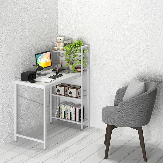 4NM 35" Small Computer Desk with 4-Tier Bookshelf, Home Office Desk Writing Workstation Study Table Multipurpose for Small Space Work - All White - LeafyLoom