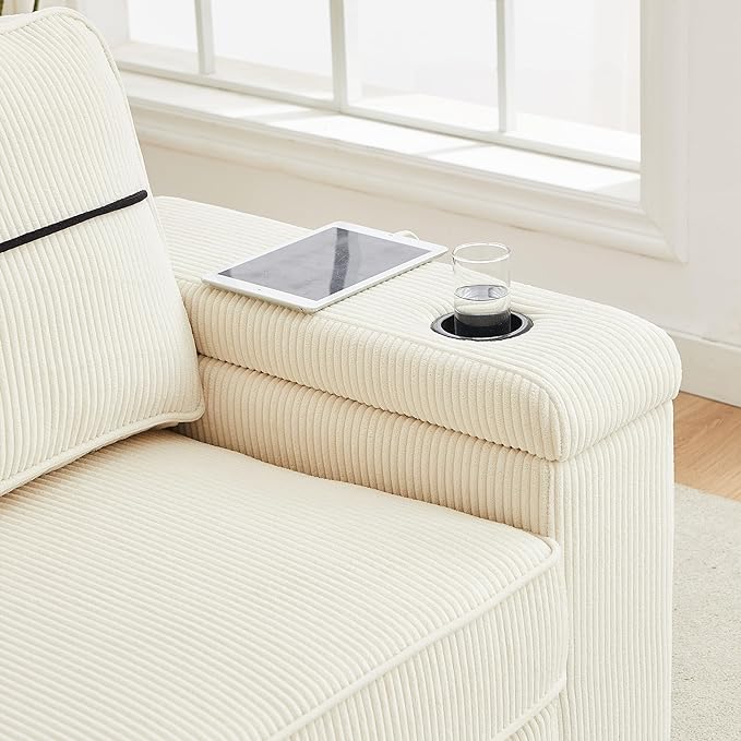 Modern Living Room Upholstered 3 Seater Sofa Couch Deep Seat Soft Corduroy Sofa&Couch with Storage Armrests, 2 Cupholders, Type-C and USB Charging Ports for Home, Apartment, Office - LeafyLoom