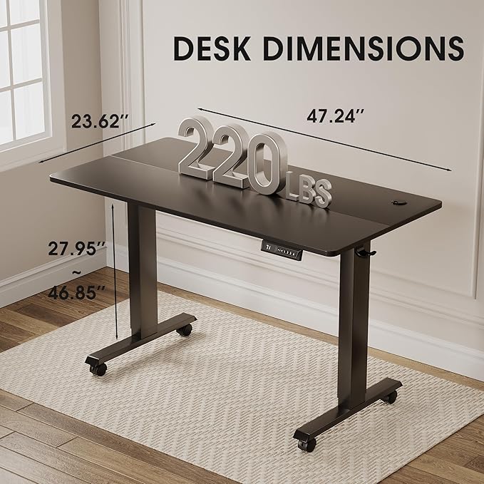 Electric Standing Desk 48 Inch, Ergonomic Height Adjustable Table with T-Shaped Metal Bracket Modern Computer Workstations for Home Office, Black - LeafyLoom