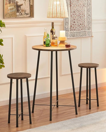 VECELO Small Bar Table and Chairs, Round Bistro Sets with 2 barstools, 3-Piece Pub Dining Furniture, Counter Height Wood Top for Breakfast Dinner Coffee Nap Conference, Easy Assembly - LeafyLoom