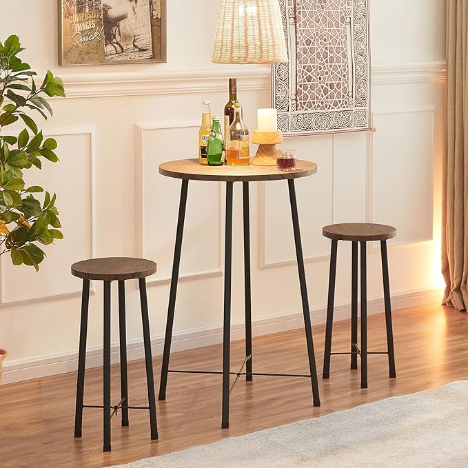 VECELO Small Bar Table and Chairs, Round Bistro Sets with 2 barstools, 3-Piece Pub Dining Furniture, Counter Height Wood Top for Breakfast Dinner Coffee Nap Conference, Easy Assembly - LeafyLoom