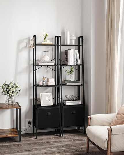 Narrow Bookshelf Bookcase with Drawer, Ladder Shelf with 2 Hooks, Bookshelves Storage Organizer, Freestanding Display Standing for Home Office, Bedroom, 5 Tier Black BC19504B - LeafyLoom