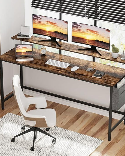 Shintenchi 63 inch Computer Desk with Monitor Stand, Stable Design Writing Desk, Study Workstation Home Office Table with Storage Bag & Hook, Vintage Brown - LeafyLoom