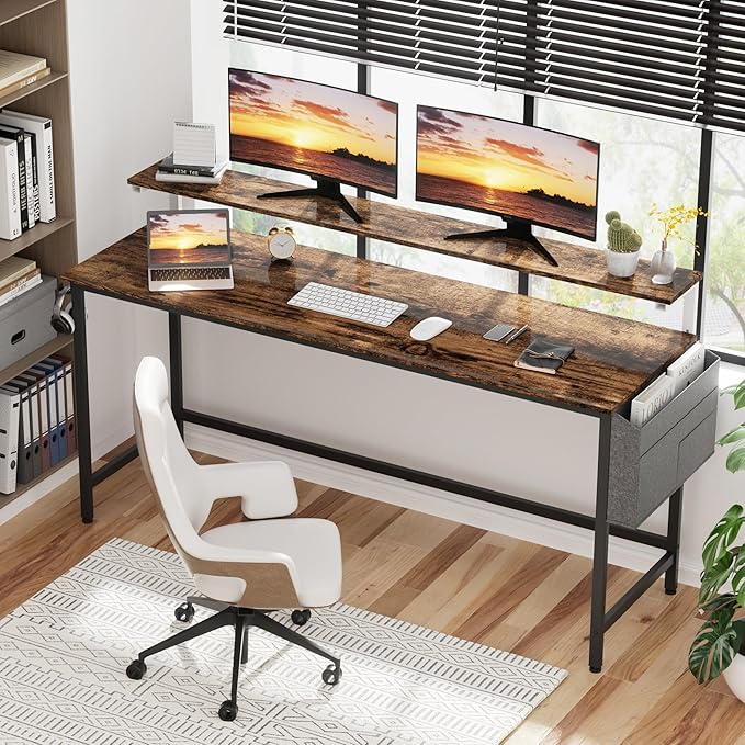 Shintenchi 63 inch Computer Desk with Monitor Stand, Stable Design Writing Desk, Study Workstation Home Office Table with Storage Bag & Hook, Vintage Brown - LeafyLoom