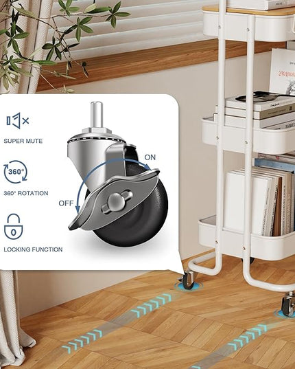 DTK 3 Tier Metal Utility Rolling Cart with Table Top and Side Bags, Metal Tray Storage Organizer Cart with Wheels, Art Craft Cart with 4 Hooks for Kitchen Bathroom Office Living Room (White) - LeafyLoom