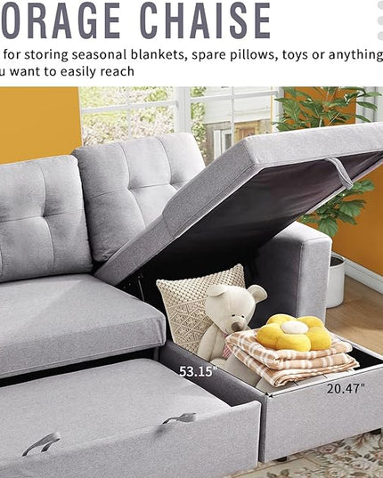 IULULU L Shaped Sectional Sofa, 82 Inch Convertible Sleeper with Pullout Bed, Storage Chaise, Cupholders, 2 in 1 Pull Out Couch for Living Room, Apartment, Silver Grey - LeafyLoom