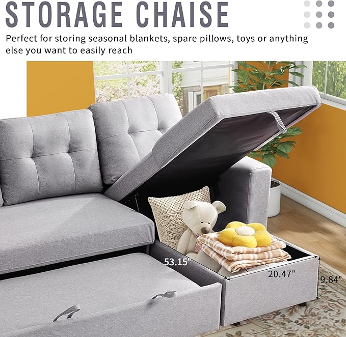 IULULU L Shaped Sectional Sofa, 82 Inch Convertible Sleeper with Pullout Bed, Storage Chaise, Cupholders, 2 in 1 Pull Out Couch for Living Room, Apartment, Silver Grey - LeafyLoom
