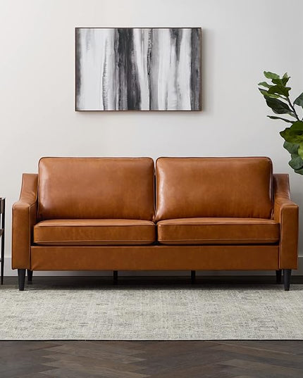 Edenbrook Jensen Upholstered Couch - Couches for Living Room - Camel Faux Leather Couch - Living Room Furniture - Small Couch - Seats Three - Scoop Arm Modern Couch - LeafyLoom