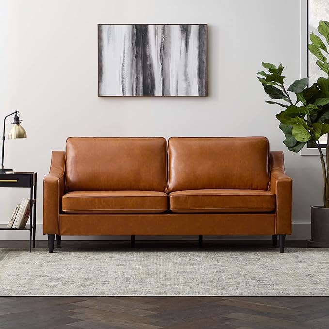 Edenbrook Jensen Upholstered Couch - Couches for Living Room - Camel Faux Leather Couch - Living Room Furniture - Small Couch - Seats Three - Scoop Arm Modern Couch - LeafyLoom
