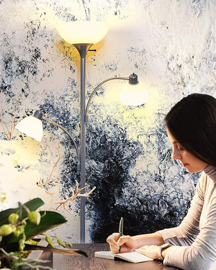 Brightech Sky Dome Double LED Floor lamp, Torchiere Super Bright Floor Lamp with 2 Reading Lamps for Living Rooms & Offices - Dimmable Tall Standing Lamp for Bedroom Reading - Tall Silver Pole - LeafyLoom