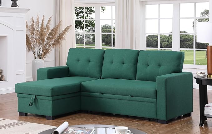 92 Inch L-Shape Sofa Sectional Convertible Storage Chaise Corner Couch Pull Out Sleeper Bed with USB Port and Cup Holder for Apartment, Dorm, Living Room, 92inch, Green-1 - LeafyLoom