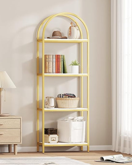 Yusong Bookshelf 4 Tier Arched Bookcase, 71.3" Tall Industrial Open Book Shelves for Living Room, Modern Freestanding Display Shelving Storage Rack Metal Frame, Office, Bedroom,Gold White - LeafyLoom