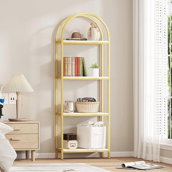 Yusong Bookshelf 4 Tier Arched Bookcase, 71.3" Tall Industrial Open Book Shelves for Living Room, Modern Freestanding Display Shelving Storage Rack Metal Frame, Office, Bedroom,Gold White - LeafyLoom