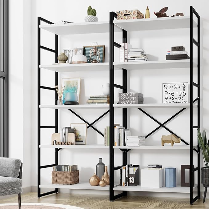 Shintenchi 2 Pieces 5 Tiers Bookshelf, Classically Tall Bookcase Shelf, Industrial Book Rack, Modern Book Holder in Bedroom/Living Room/Home/Office, Storage Rack Shelves for Books/Movies-White - LeafyLoom