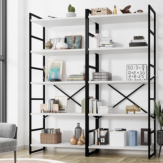 Shintenchi 2 Pieces 5 Tiers Bookshelf, Classically Tall Bookcase Shelf, Industrial Book Rack, Modern Book Holder in Bedroom/Living Room/Home/Office, Storage Rack Shelves for Books/Movies-White - LeafyLoom