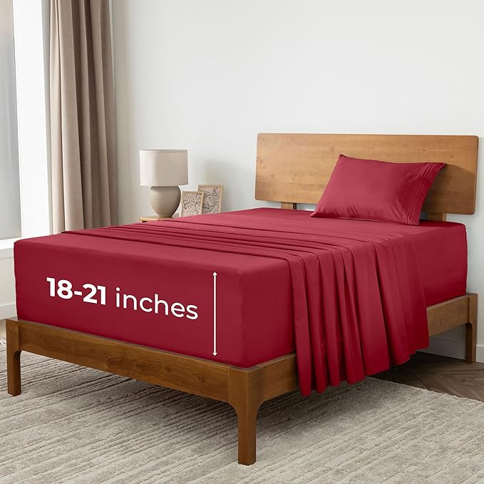 Mellanni Extra Deep Twin Sheets - 3 PC Iconic Collection Bedding Sheets & Pillowcases - Hotel Luxury, Ultra Soft, Cooling Bed Sheets - Extra Deep Pocket up to 21 inch (Twin, Brick Red) - LeafyLoom