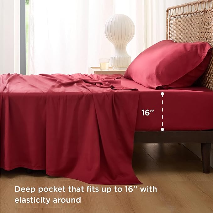 Bedsure Twin XL Sheet Set Dorm Bedding, Cooling Sheets Twin Extra Long Sheets, Rayon Derived from Bamboo, Deep Pocket Up to 16", Hotel Luxury Silky Bedding Sheets & Pillowcases, Burgundy - LeafyLoom