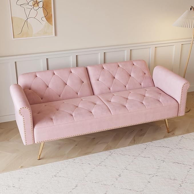 NicBex Sectional Couch Sofa with Throw Pillows Velvet Sofa Bed Cloud Couch for Living Room Furniture Sets with Metal Legs, Modular Sofa for Living Room, Bedroom, Apartment,67.7" L, Pink - LeafyLoom