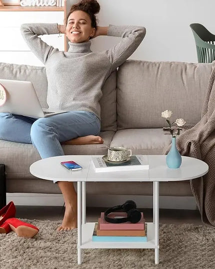 Small Oval Coffee Tables Modern Low Coffee Table for Small Space Mid Century Center Side Table with Open Shelving for Storage, Display, and Furniture Living Room & Home Office - LeafyLoom