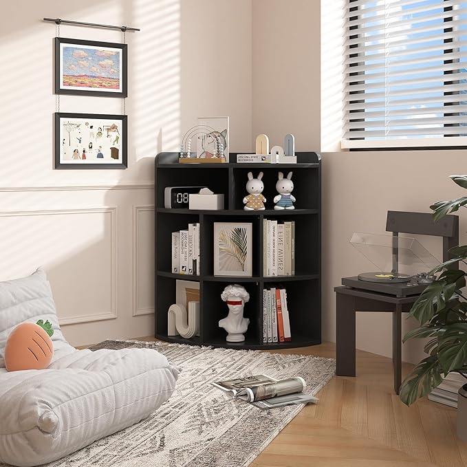 Vecelo 3-Tier Corner Cabinet with 8 Cubbies, Wooden Cube Storage Organizer, Modern Corner Bookshelf Units for Bedroom, Living Room, Study Room, Black - LeafyLoom