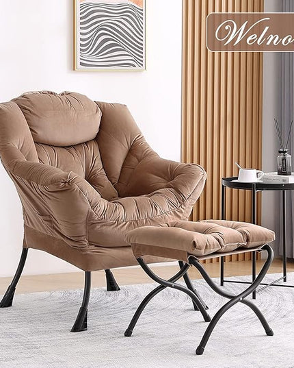 Welnow Lazy Chair with Ottoman, Modern Lounge Accent Chair with Armrests and a Side Pocket, Leisure Sofa Chair Set, Reading Chair with Footrest for Small Space, Corner Chair, Dark Brown - LeafyLoom