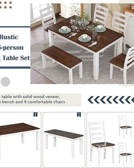 RITSU Retro Rustic Style 6 Piece Set, Including 4 Upholstered Chairs, 1 Table and a Bench, for Dining Room, Home Bar, and Kitchen,Walnut + Cottage White - LeafyLoom