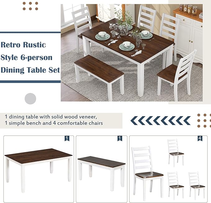 RITSU Retro Rustic Style 6 Piece Set, Including 4 Upholstered Chairs, 1 Table and a Bench, for Dining Room, Home Bar, and Kitchen,Walnut + Cottage White - LeafyLoom