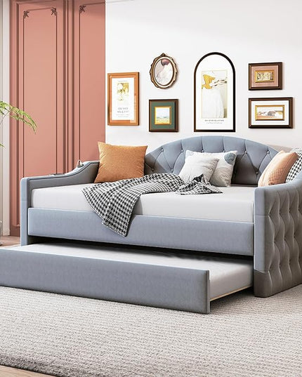 Twin Size Velvet Tufted Upholstered Daybed with Trundle, Modern Solid Wood Sofa Bed w/USB & Type-C Charging Ports, for Bedroom Living Room, No Box-spring Needed, Gray - LeafyLoom