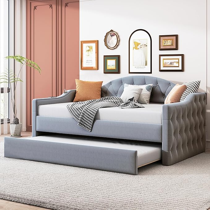 Twin Size Velvet Tufted Upholstered Daybed with Trundle, Modern Solid Wood Sofa Bed w/USB & Type-C Charging Ports, for Bedroom Living Room, No Box-spring Needed, Gray - LeafyLoom