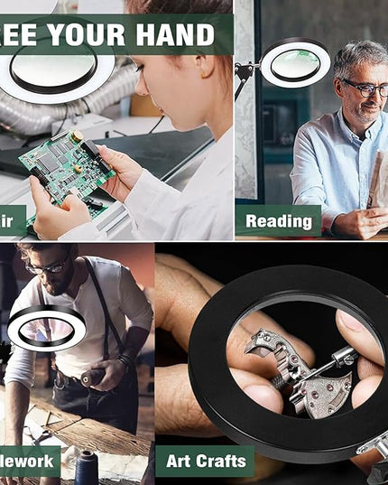 Magnifying Glass with Light and Stand, 10X Magnifying Lamp, 2-in-1 Magnifying Desk Lamp with Clamp, 3 Color Mode, Magnifying Glasses with Light for Close Work (1st Generation Base ＆ Clamp) - LeafyLoom