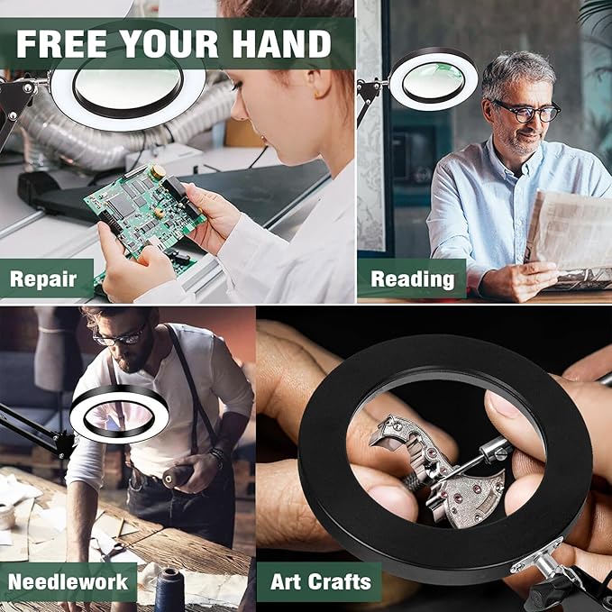 Magnifying Glass with Light and Stand, 10X Magnifying Lamp, 2-in-1 Magnifying Desk Lamp with Clamp, 3 Color Mode, Magnifying Glasses with Light for Close Work (Base(No Clamp)) - LeafyLoom