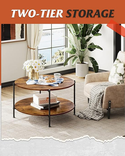 WLIVE Round Coffee Table, Rustic 2-Tier Circle Coffee Table with Open Storage Shelf, Industrial 32.6" Wood Round Center Table for Living Room, Bedroom, Home Office, Rustic Brown - LeafyLoom