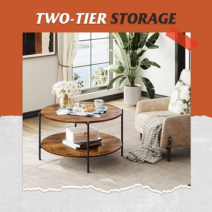 WLIVE Round Coffee Table, Rustic 2-Tier Circle Coffee Table with Open Storage Shelf, Industrial 32.6" Wood Round Center Table for Living Room, Bedroom, Home Office, Rustic Brown - LeafyLoom