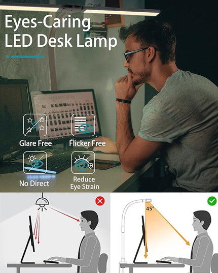 LED Desk Lamp with Clamp for Home Office,Double Head Eye-Caring Clip on Lights with Remote,10 Dimmable Brightness, 24W Bright Desk Light for Reading Study Workbench Drafting, Flexible Gooseneck Lamp - LeafyLoom