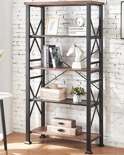 HOMBAZAAR Bookshelf, 5-Tier Industrial Bookshelf, Etagere Bookcases and Bookshelves, Tall Bookshelf Storage Organizer, Freestanding Bookshelf for Living Room, Bedroom and Home Office, Brown - LeafyLoom