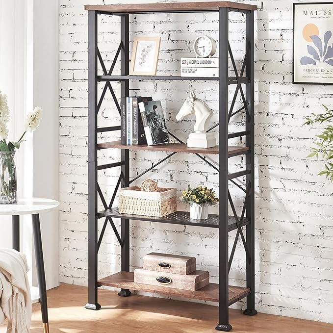 HOMBAZAAR Bookshelf, 5-Tier Industrial Bookshelf, Etagere Bookcases and Bookshelves, Tall Bookshelf Storage Organizer, Freestanding Bookshelf for Living Room, Bedroom and Home Office, Brown - LeafyLoom