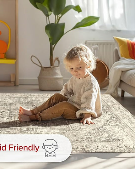 nuLOOM 5x8 Machine Washable Rain Haven Vintage Medallion Area Rug, Grey, Traditional Faded Design, Non-Slip Backing, Stain Resistant, For Bedroom, Dining Room, Living Room, Kitchen - LeafyLoom