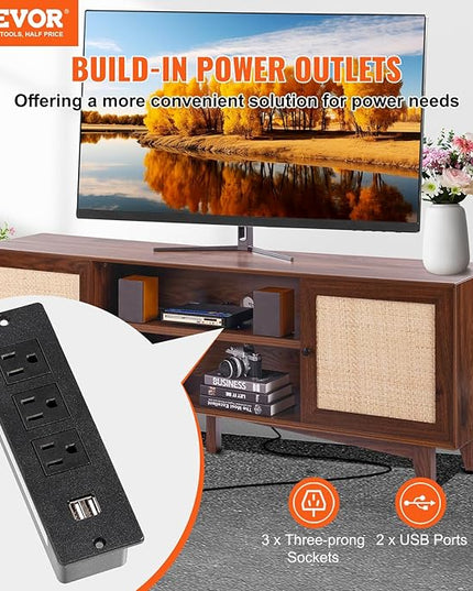 VEVOR Rattan TV Stand for 75in TV, Boho TV Stand with Rattan Door, Entertainment Center with Build-in Socket, Storage Cabinet with 2 Shelves, Modern TV Console for Living Room, Media Room, Walnut - LeafyLoom