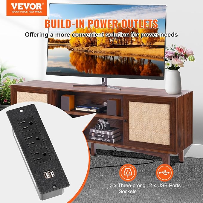 VEVOR Rattan TV Stand for 75in TV, Boho TV Stand with Rattan Door, Entertainment Center with Build-in Socket, Storage Cabinet with 2 Shelves, Modern TV Console for Living Room, Media Room, Walnut - LeafyLoom