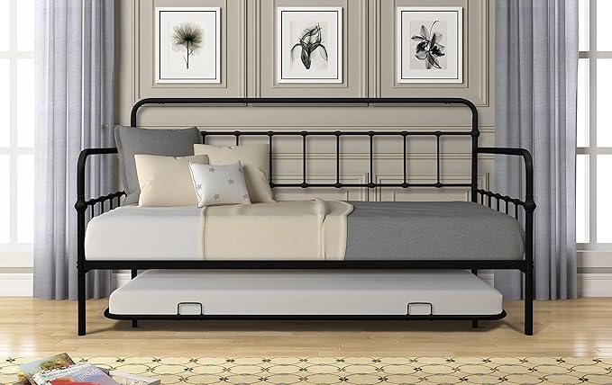 Twin Size Metal bed-Frame Daybed with trundle,Heavy Duty Steel Slat Support,Space Saving Sofa Bed,Modern 2 in 1 Sofa-Bed Frame for Kids Teens Adults,Bedroom Living Room Furniture,Black - LeafyLoom