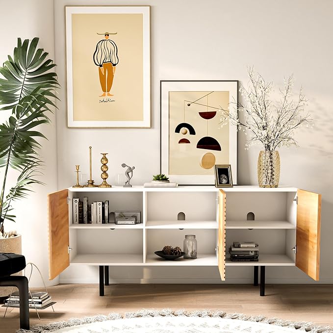 roomfitters Mid Century Modern TV Stand for TVs up to 65", Boho Sideboard Buffet Cabinet Credenza, Media Console Entertainment Center for Living Room, Poplar Wood Print Carved and Geometric Design - LeafyLoom