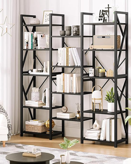 GAOMON Triple Wide 5 Tier Book Shelf, 70.8” Tall Bookcase with 14 Open Shelves, Large Industrial Bookshelves and Bookcases with Metal Frame for Home Office, Study Room, Living Room-Black - LeafyLoom