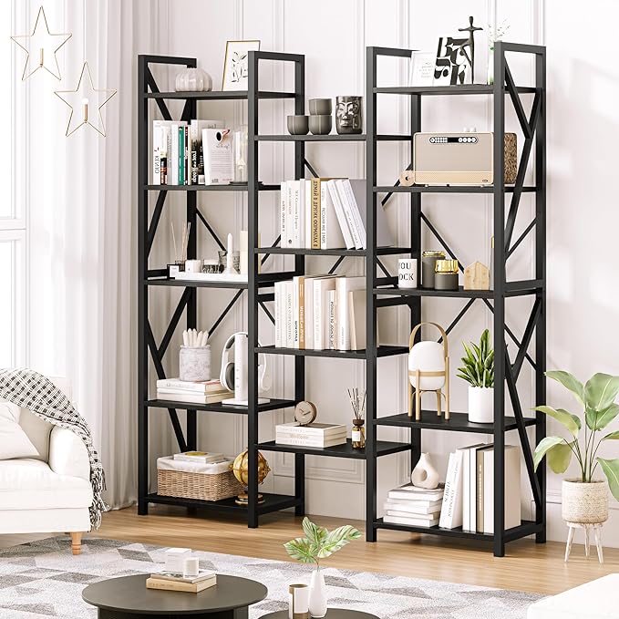 GAOMON Triple Wide 5 Tier Book Shelf, 70.8” Tall Bookcase with 14 Open Shelves, Large Industrial Bookshelves and Bookcases with Metal Frame for Home Office, Study Room, Living Room-Black - LeafyLoom