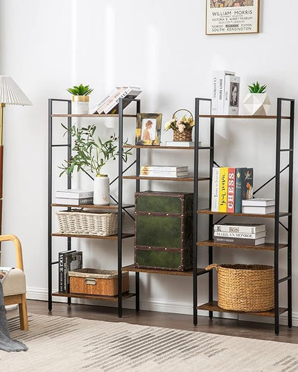 Triple Wide 4-Tier Bookshelf, Large Industrial Bookcase with 11 Open Display Shelves with Metal Frame for Living Room Bedroom Kitchen Office, Rustic Brown - LeafyLoom
