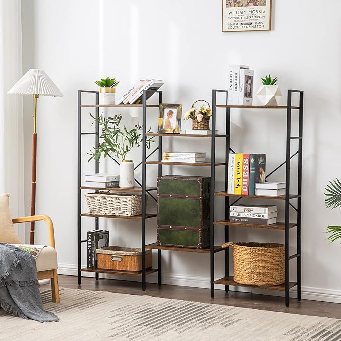 Triple Wide 4-Tier Bookshelf, Large Industrial Bookcase with 11 Open Display Shelves with Metal Frame for Living Room Bedroom Kitchen Office, Rustic Brown - LeafyLoom