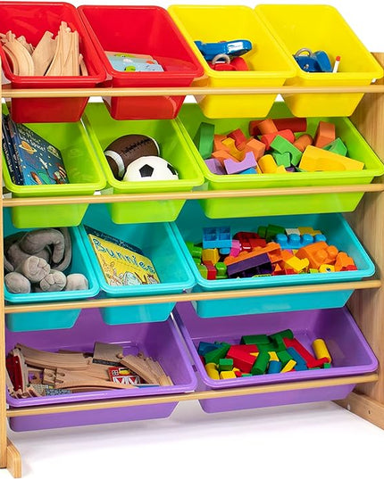 Humble Crew Kids Toy Storage Organizer with 12 Storage Bins, Rainbow/Natural Wood - LeafyLoom