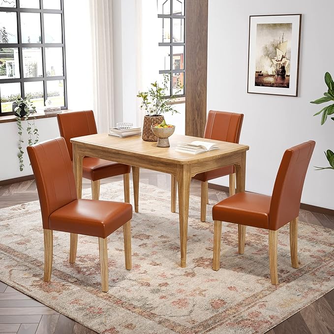 Soohow Upholstered Set of 2, Indoor Room Armless Kitchen Table Parson Chairs Set of 4 with Solid Wood Legs, Dining Chiar 4pcs, Brown Leather - LeafyLoom