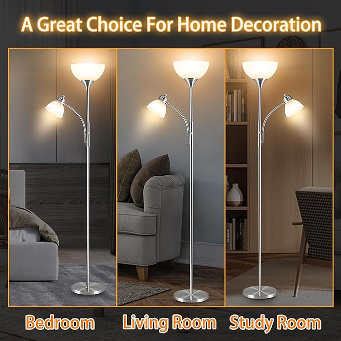 Floor Lamp, Dimmable Standing lamp, 3 Levels Dimmable Brightness, Included 9W and 5W LED Bulbs, Industrial Floor Lamp for Living Room, Bedroom, Office, Reading - LeafyLoom