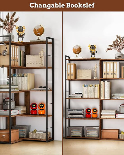5 Tier Bookshelf Wood Bookcase with 2 Hooks Modern Corner Bookshelf Library Industrial Shelving Book Case Adjustable Book Shelves for Bedroom Living Room Home Office Rustic Brown - LeafyLoom